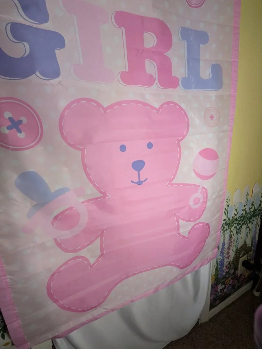 VTG It's A Girl Garden Flag Large Banner Pink Teddy Bear Polka Dot Baby Shower